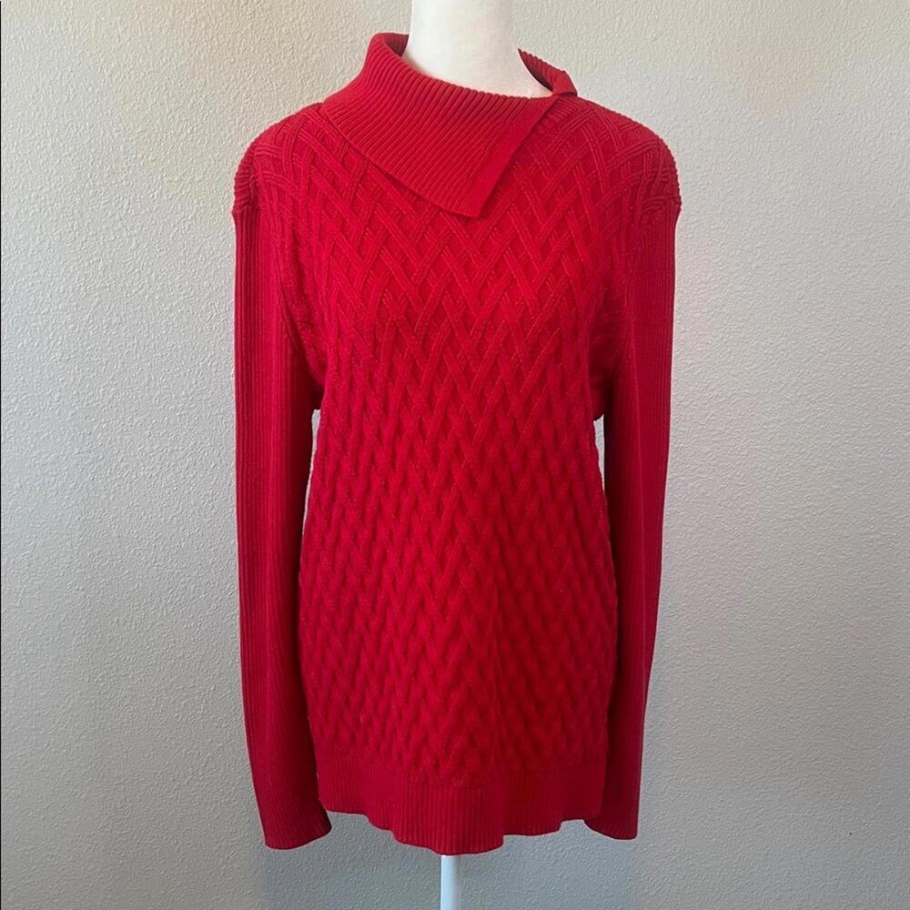 Lands End Split Cowlneck Lattice Weave Sweater Red Size Medium